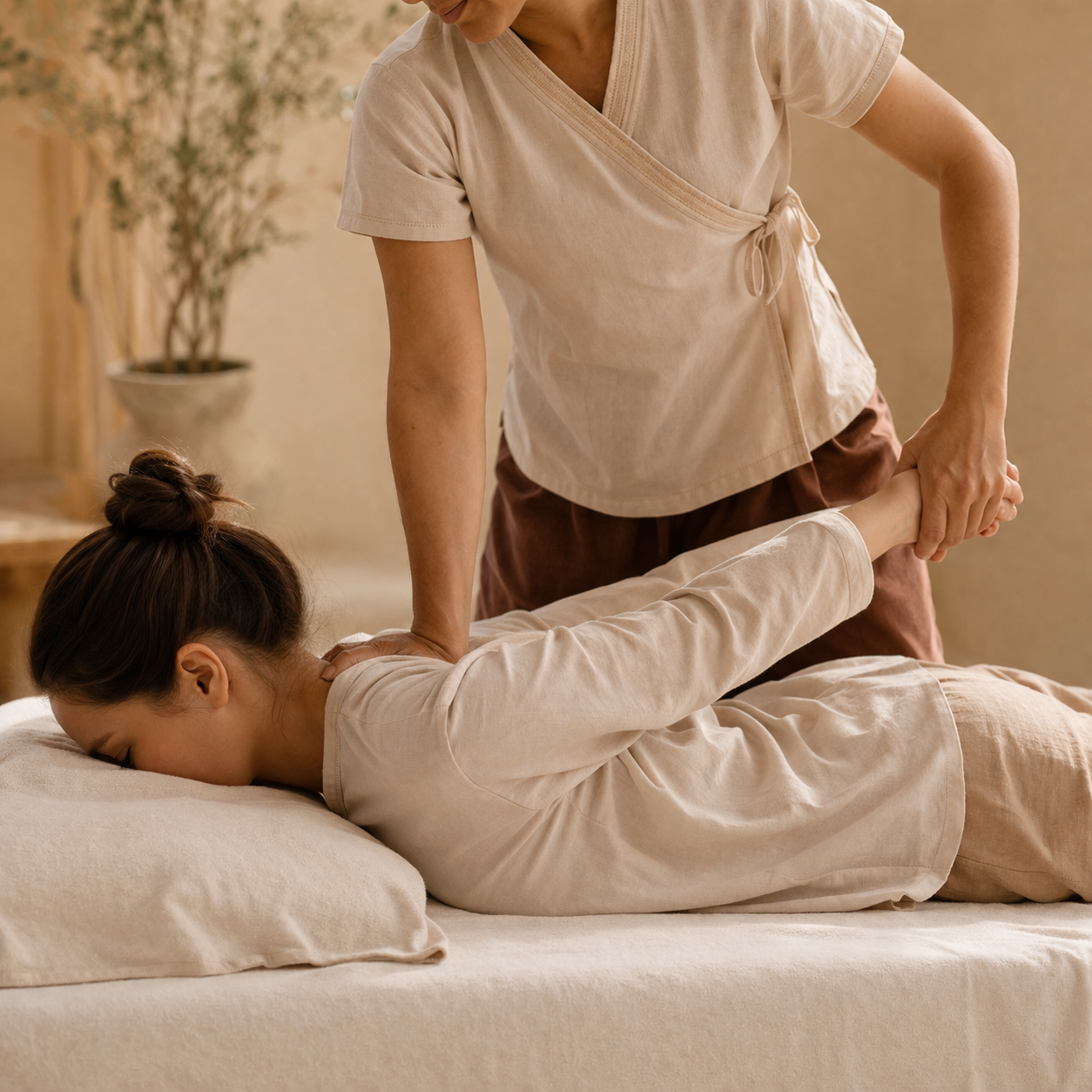 Calm Thai style bodywork stretch session